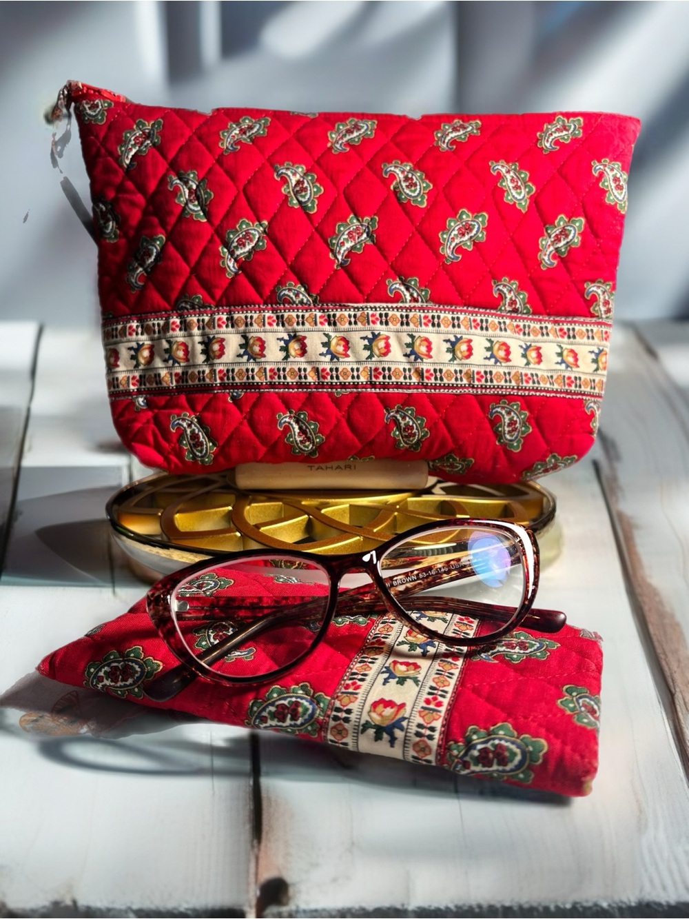 Vera Bradley Apple Red Paisley Quilted Cosmetic Pouch & Matching Eyeglass Case